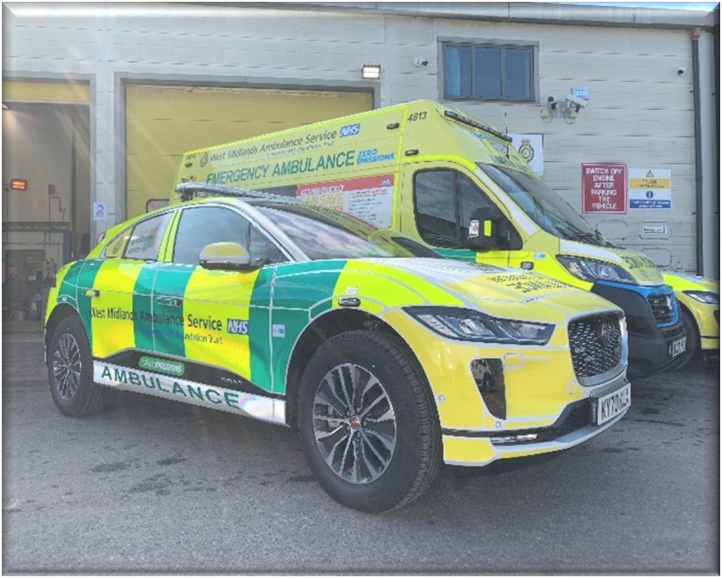 Three ambulance vehicles parked in a line. 