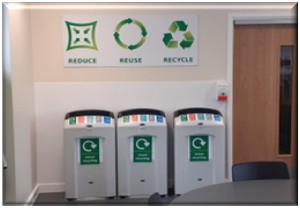 Three recycling bins. 