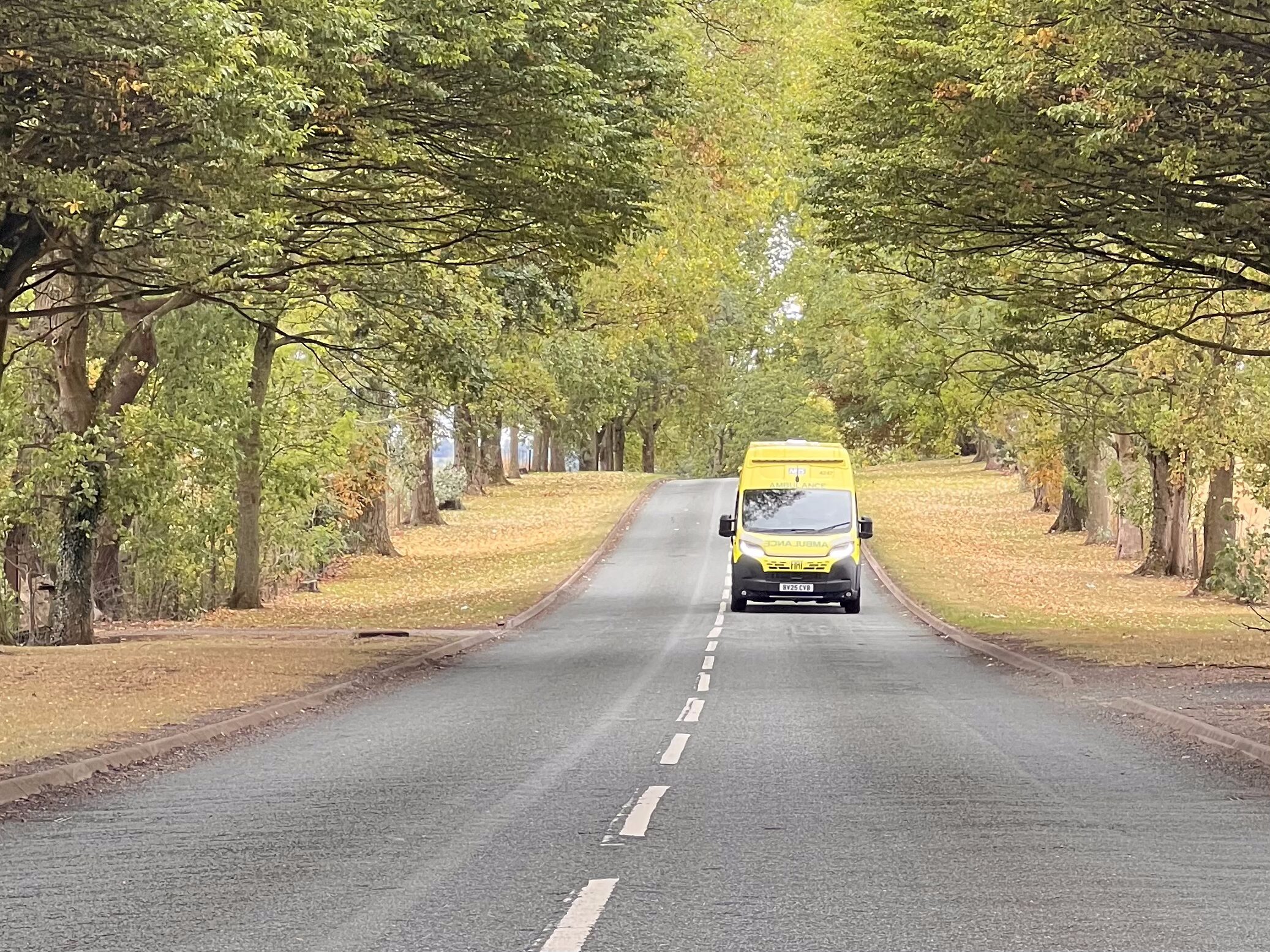 Ambulance driving towards the camera on a tree lined rural road