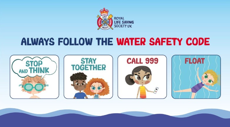 Royal Life Saving Society UK graphic showing Water Safety Code imagery - stop and think, stay together, call 999 and float.