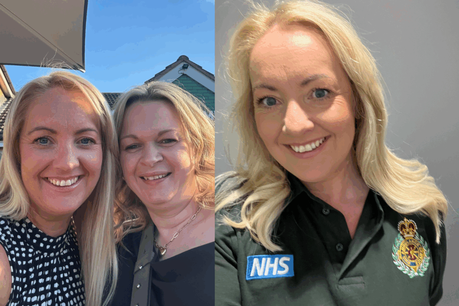 Student paramedic Maria Webb pictured smiling with her friend Vicky and a photo of Maria in her WMAS uniform